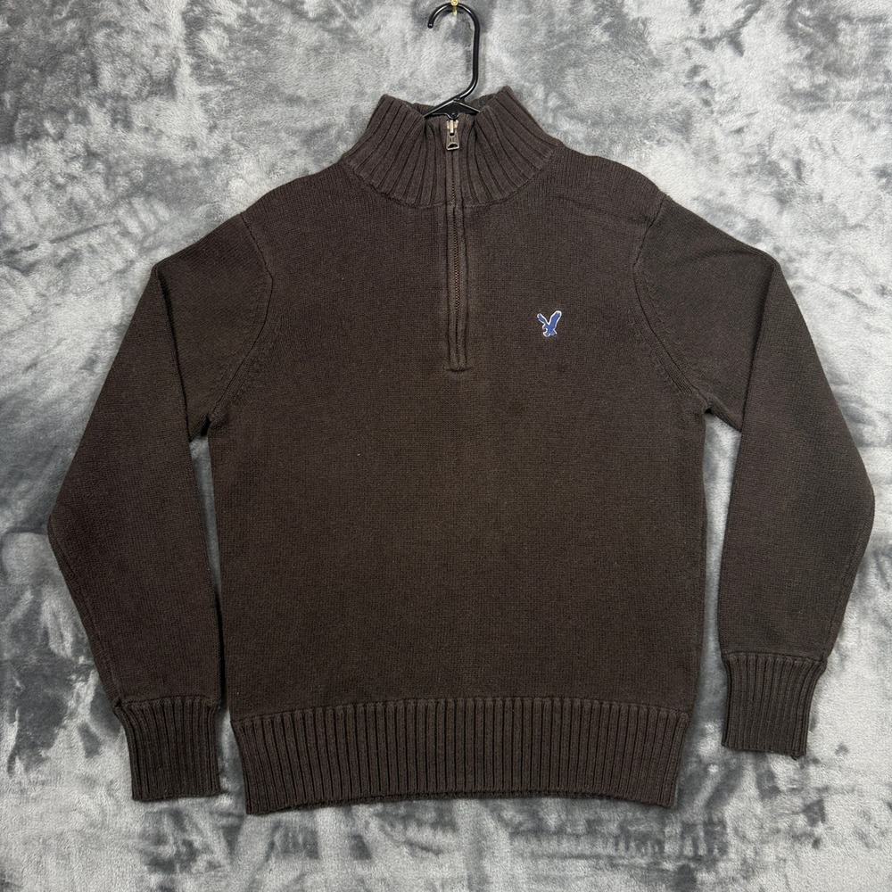 American Eagle Quarter Zip Sweater Large Brown Eagle Logo Mock Neck Pullover